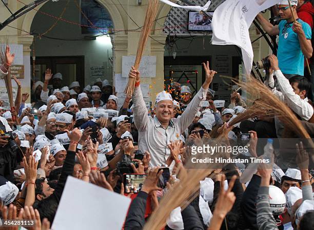 Aam Aadmi Party leader Manish Sisodia wins from Patparganj Constituency, celebrate after good result of AAP party in the 2013 Delhi Assembly election...