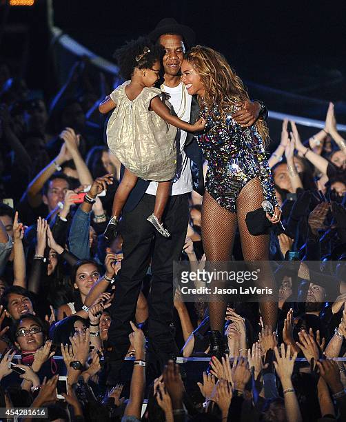 Jay-Z, Beyonce and Blue Ivy Carter onstage at the 2014 MTV Video Music Awards at The Forum on August 24, 2014 in Inglewood, California.