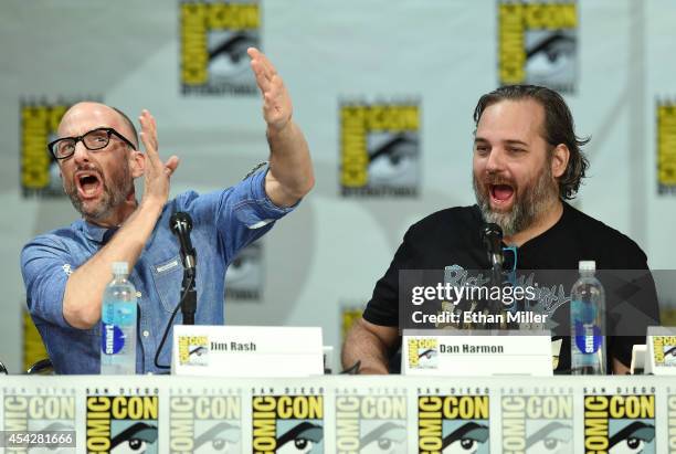 Actor Jim Rash jokes around with writer/producer Dan Harmon as they attend the "Community" panel during Comic-Con International 2014 at the San Diego...