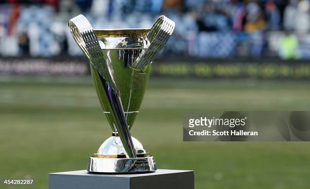 The Philip F. Anschutz trophy is seen on the field before the start of the match between Real Salt Lake and Sporting Kansas City in the 2013 MLS Cup...