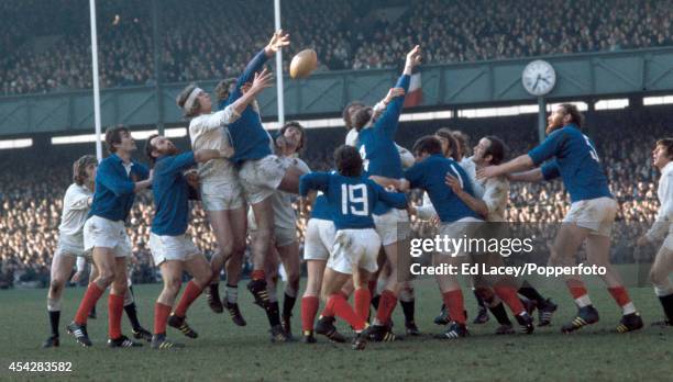 Line-out action featuring Andy Ripley of England and Walter Spanghero of France during the Five Nations international rugby union match at Twickenham...