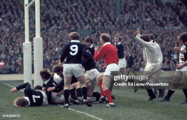 Peter Dixon scores England's 3rd try during the Five Nations international rugby union match against Scotland at Twickenham in London on 17th March...