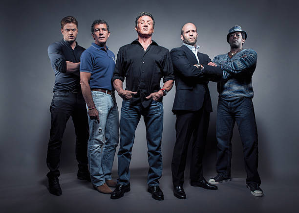 The cast of Expendables 3, from left to right Kellan Lutz, Antonio Banderas, Sylvester Stallone, Jason Staham, Wesley Snipes are photographed for...