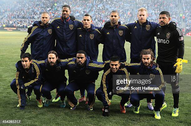 The Real Salt Lake team poses on the pitch before of the start of the game against Sporting Kansas City in the 2013 MLS Cup at Sporting Park on...