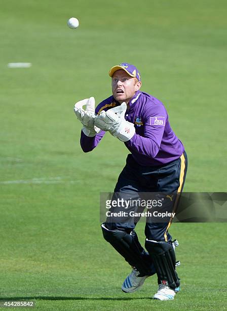 Jonathan Bairstow of Yorkshire catches out Phil Mustard of Durham during the Royal London One-Day Cup 2014 Quarter Final between Yorkshire and Durham...