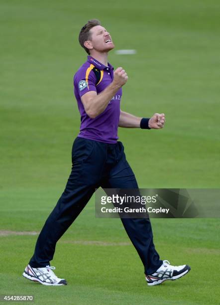 Richard Pyrah of Yorkshire celebrates dismissing Mark Stoneman of Durham during the Royal London One-Day Cup 2014 Quarter Final between Yorkshire and...