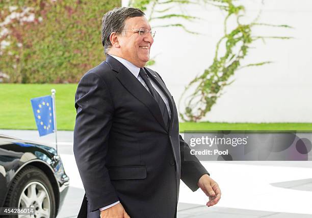 European Commission President Jose Manuel Barroso arrives for the German government Balkan conference at the Chancellery on August 28, 2014 in...