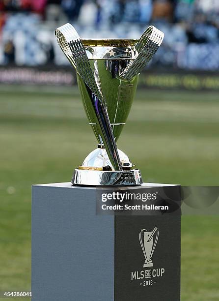 The Philip F. Anschutz trophy is seen on the field before the start of the match between Real Salt Lake and Sporting Kansas City in the 2013 MLS Cup...