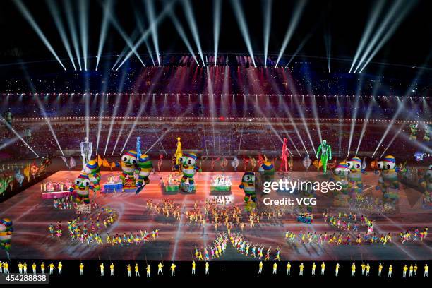 Dancers perform during the closing ceremony of 2014 Summer Youth Olympic Games at Nanjing Olympic Sports Centre on August 28, 2014 in Nanjing, China.