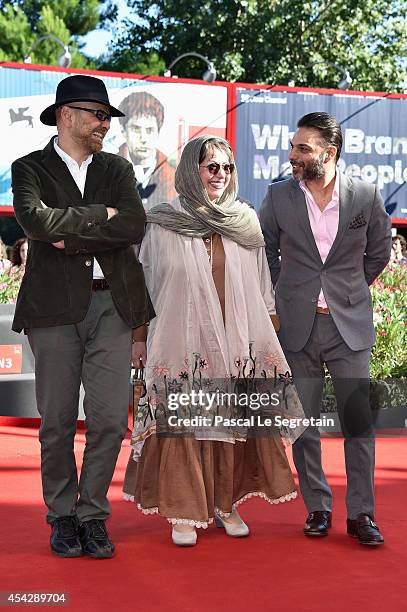 Actor Habib Rezaei, director Rakhshan Bani-Etemad and actor Peyman Moaadi attend the "Tales" premiere during the 71st Venice Film Festival on August...