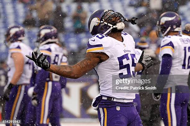 Outside linebacker Marvin Mitchell of the Minnesota Vikings dances during warmups before playing the Baltimore Ravens at M&T Bank Stadium on December...