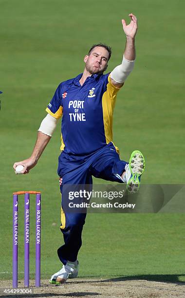 John Hastings of Durham bowls during the Royal London One-Day Cup 2014 Quarter Final between Yorkshire and Durham at Headingley on August 28, 2014 in...