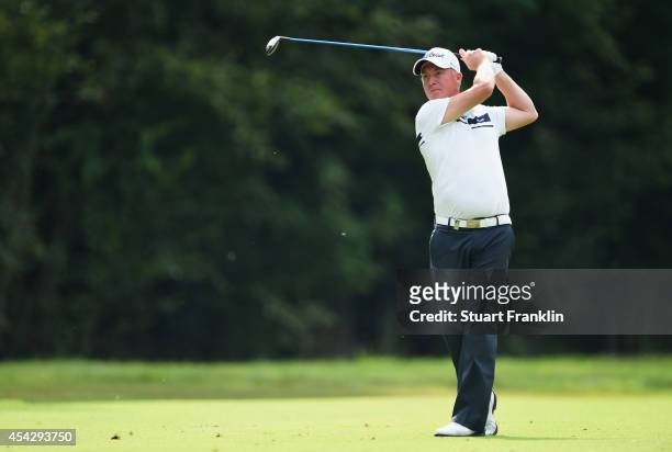 Patrick Sjoland of Sweden plays a shot during the first round of the 71st Italian Open Damiani at Circolo Golf Torino on August 28, 2014 in Turin,...