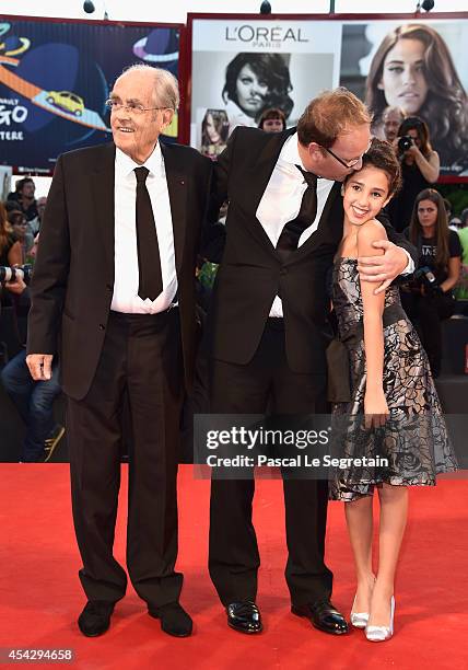 Michel Legrand, director Xavier Beauvois and Seli Gmach attend the 'La Rancon De La Gloire' premiere during the 71st Venice Film Festival on August...