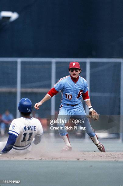 Larry Bowa of the Philadelphia Philles makes a play at second base during World Series game five between the Kansas City Royals and Philadelphia...