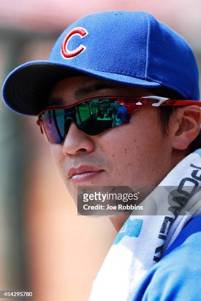 Tsuyoshi Wada of the Chicago Cubs looks on in the second inning of the game against the Cincinnati Reds at Great American Ball Park on August 28,...