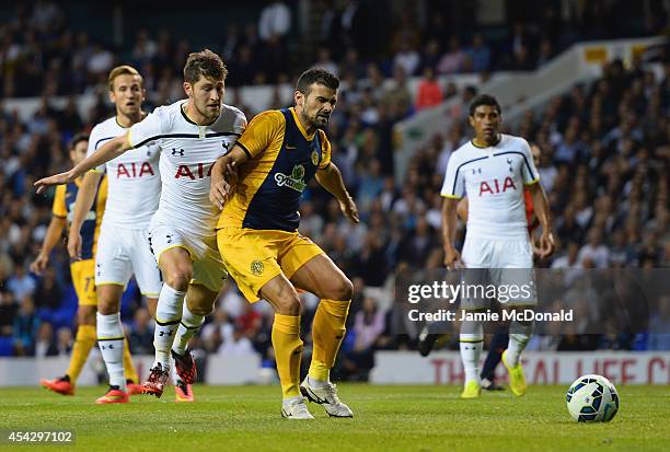 Ricardo Manuel Ferreiras Sousa of AEL Limassol holds off Ben Davies of Spurs during the UEFA Europa League Qualifying Play-Offs Round Second Leg...