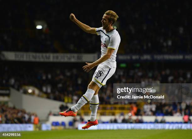 Harry Kane of Spurs celebrates scoring their first goal during the UEFA Europa League Qualifying Play-Offs Round Second Leg match between Tottenham...