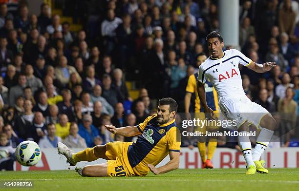 Paulinho of Spurs scores their second goal during the UEFA Europa League Qualifying Play-Offs Round Second Leg match between Tottenham Hotspur and...