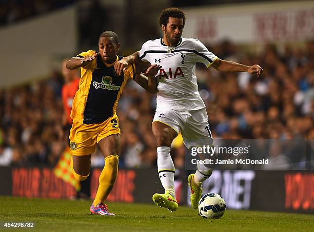 Carlos Emanuel Soares Tavares of AEL Limassol and Mousa Dembele of Spurs battle for the ball during the UEFA Europa League Qualifying Play-Offs Round...