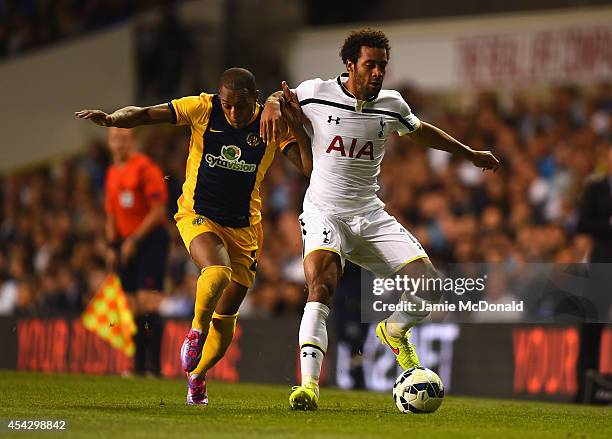 Carlos Emanuel Soares Tavares of AEL Limassol and Mousa Dembele of Spurs battle for the ball during the UEFA Europa League Qualifying Play-Offs Round...