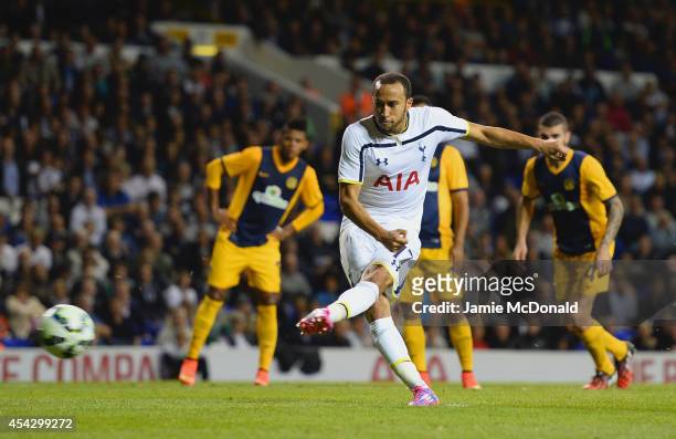Andros Townsend of Spurs scores their third goal from the penalty spot during the UEFA Europa League Qualifying Play-Offs Round Second Leg match...