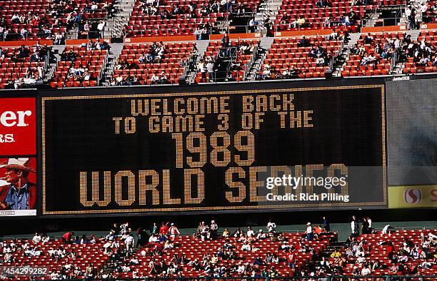 Sign reading "Welcome back to game 3 of the 1989 World Series" is displayed prior to World Series game three between the Oakland Athletics and San...