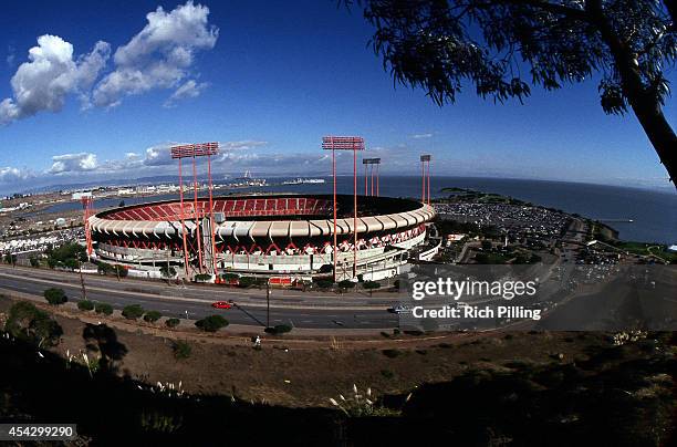 General view of Candlestick Park after the Loma Prieta earthquake hit prior to World Series game three between the Oakland Athletics and San...