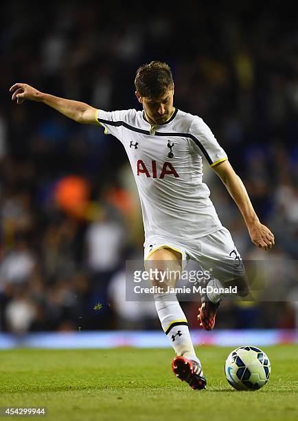 Ben Davies of Spurs shoots towards goal during the UEFA Europa League Qualifying Play-Offs Round Second Leg match between Tottenham Hotspur and AEL...