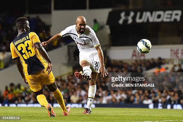 Tottenham Hotspur's Brazilian midfielder Sandro has an unsuccessful shot on goal during the UEFA Europa League qualifying round play-off second-leg...
