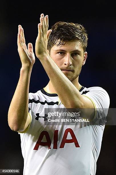 Tottenham Hotspur's Welsh defender Ben Davies applauds after the final whistle during the UEFA Europa League qualifying round play-off second-leg...