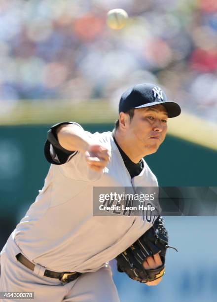 Hiroki Kuroda of the New York Yankees pitches during the fourth inning of the game against the Detroit Tigers at Comerica Park on August 28, 2014 in...