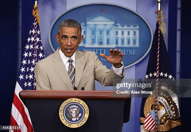 President Barack Obama makes a statement at the James Brady Press Briefing Room of the White House August 28, 2014 in Washington, DC. President Obama...