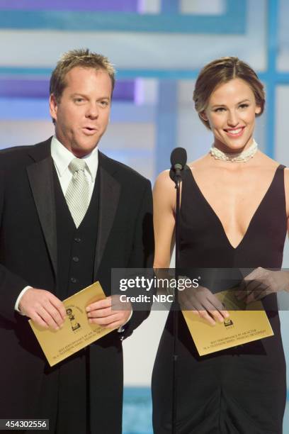 Pictured: Kiefer Sutherland and Jennifer Garner speak on stage at the 60th Annual Golden Globe Awards held at the Beverly Hilton Hotel on January 19,...