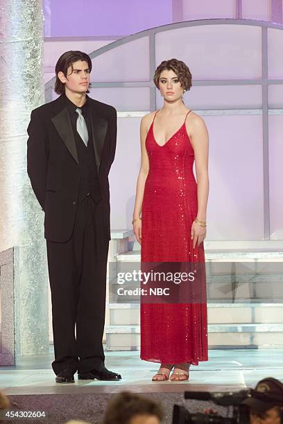 Pictured: Mr. And Miss Golden Globe A.J. Lamas and Dominik Garcia-Lorido are seen on stage at the 60th Annual Golden Globe Awards held at the Beverly...