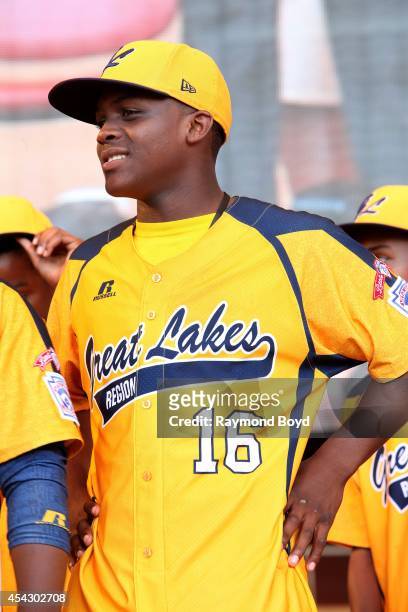 Jackie Robinson West little league baseball player Marquis Jackson acknowledges the crowd during the team's United States World Series Championship...