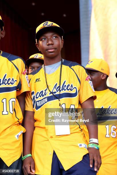 Jackie Robinson West little league baseball player Brandon Green acknowledges the crowd during the team's United States World Series Championship...