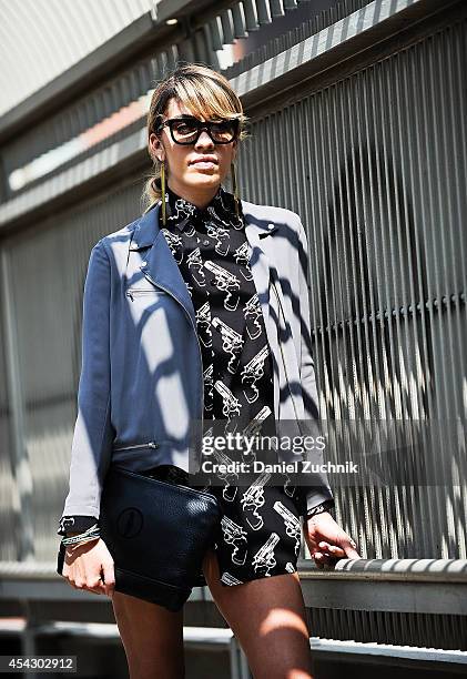 Singer Stella Santana is seen around Tribeca wearing The Kooples jacket, Saint Laurent pistol shirt with Indiigo and Mozie purse and sunglasses on...