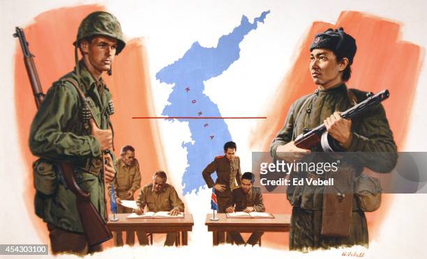 Painting of US/UN and North Korean soldiers and armistice negotiators in 1953 in the demilitarized zone border town of Panmunjom, Korea.