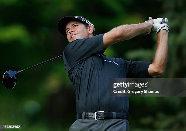 Doug LeBelle II watches his tee shot on the 16th hole during the first round round of the Web.com Tour Hotel Fitness Championship at Sycamore Hills...