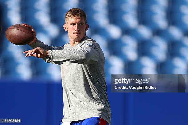 Jeff Tuel of the Buffalo Bills throws during warmups before a preseason game against the Detroit Lions at Ralph Wilson Stadium on August 28, 2014 in...
