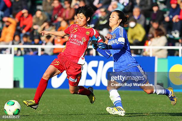 Yuki Ogimi of Chelsea Ladies and Shiori Miyake of INAC Kobe Leonessa compete for the ball during the International Women's Club Championship final...