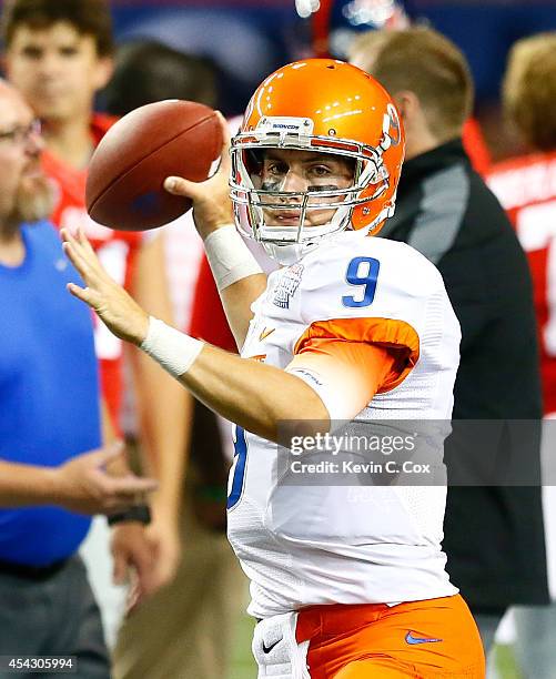 Grant Hedrick of the Boise State Broncos warms up prior to facing the Mississippi Rebels at Georgia Dome on August 28, 2014 in Atlanta, Georgia.