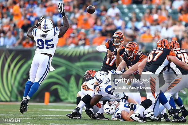 Phillip Hunt of the Indianapolis Colts attempts to knock down a pass from Jason Campbell of the Cincinnati Bengals during the first quarter at Paul...