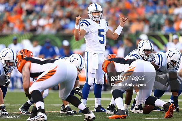 Chandler Harnish of the Indianapolis Colts calls a play at the line of scrimmage during the second quarter against the Cincinnati Bengals at Paul...