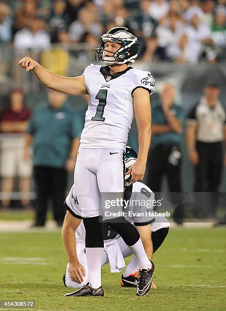 Kicker Cody Parkey of the Philadelphia Eagles kicks a field goal in the preseason game against the Nerw York Jets on August 28, 2014 at Lincoln...