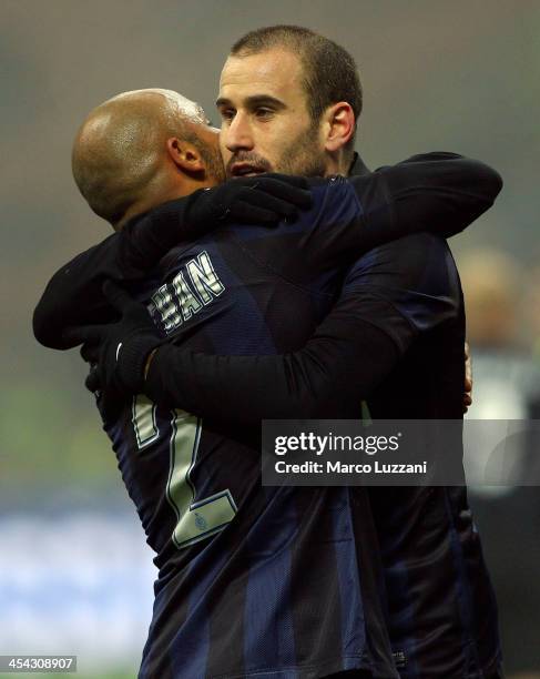 Rodrigo Palacio of FC Internazionale Milano celebrates his goal with team-mate Cicero Moreira Jonathan during the Serie A match between FC...