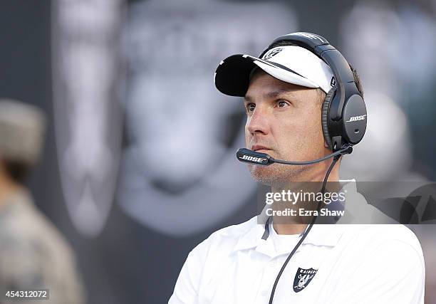 Head coach Dennis Allen of the Oakland Raiders on the sideline during the preseason game against the Seattle Seahawks at O.co Coliseum on August 28,...