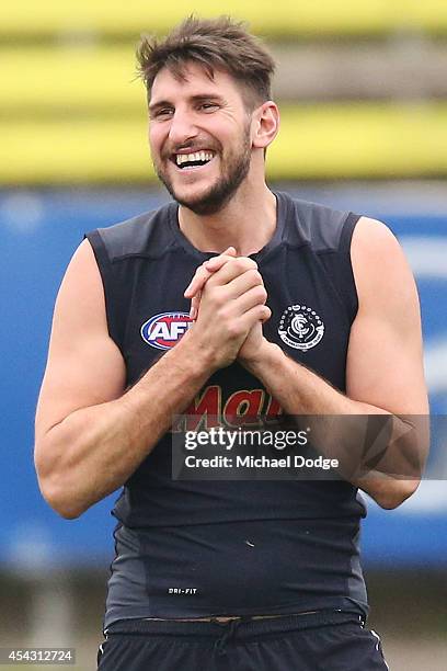 Jarrad Waite reacts during a Carlton AFL training session at Visy Park on August 29, 2014 in Melbourne, Australia.