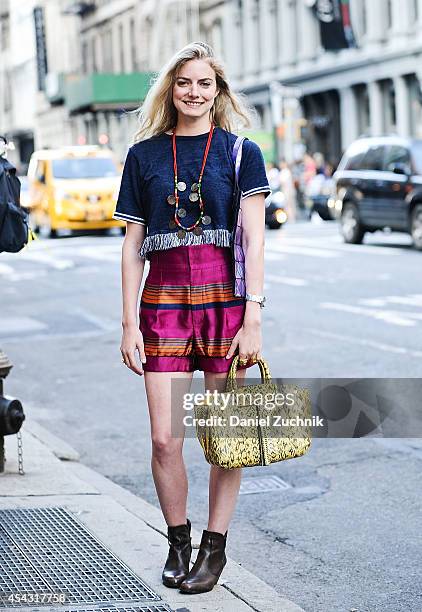 Lydia Gidwitz is seen around Soho wearing Marc Jacobs shorts, Sam Edelman shoes, a Brian Atwood bag and a vintage necklace from India on August 28,...